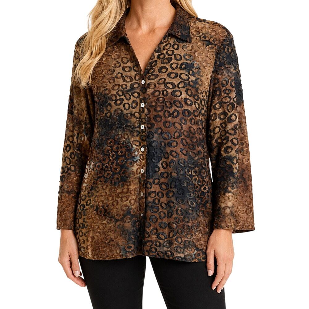 Ruby Rd. Womens Sz 1X Wearable Art Brown Artsy Sleeve Blouse Shirt Top Fall